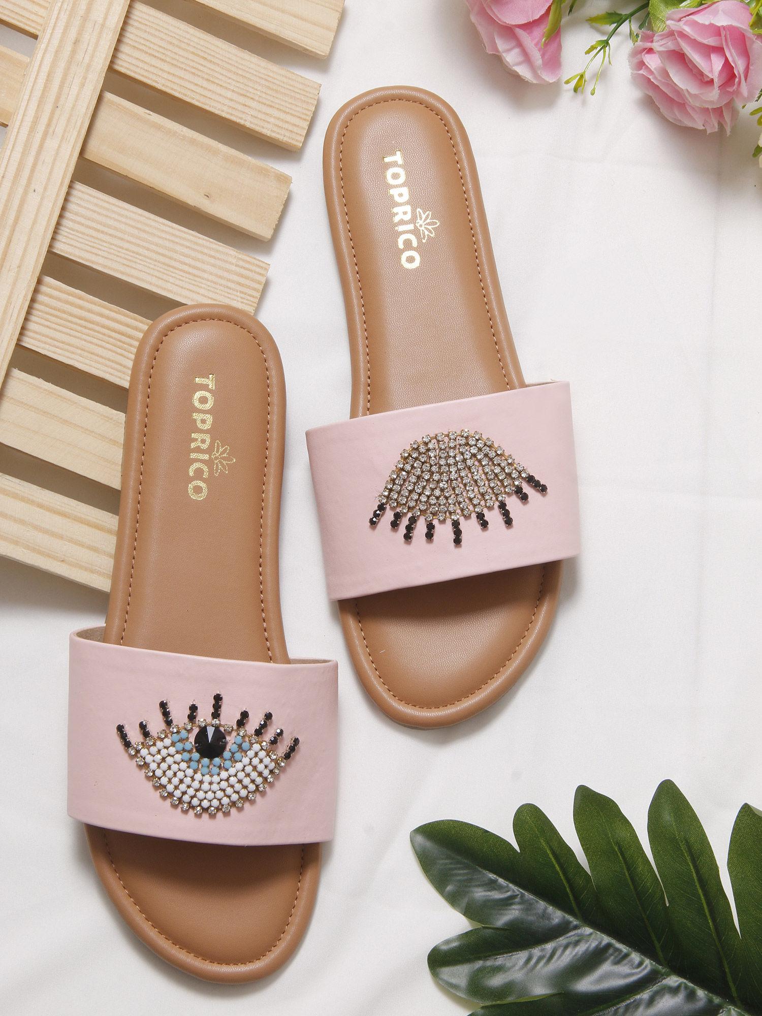 evil eye pink bling tan flats