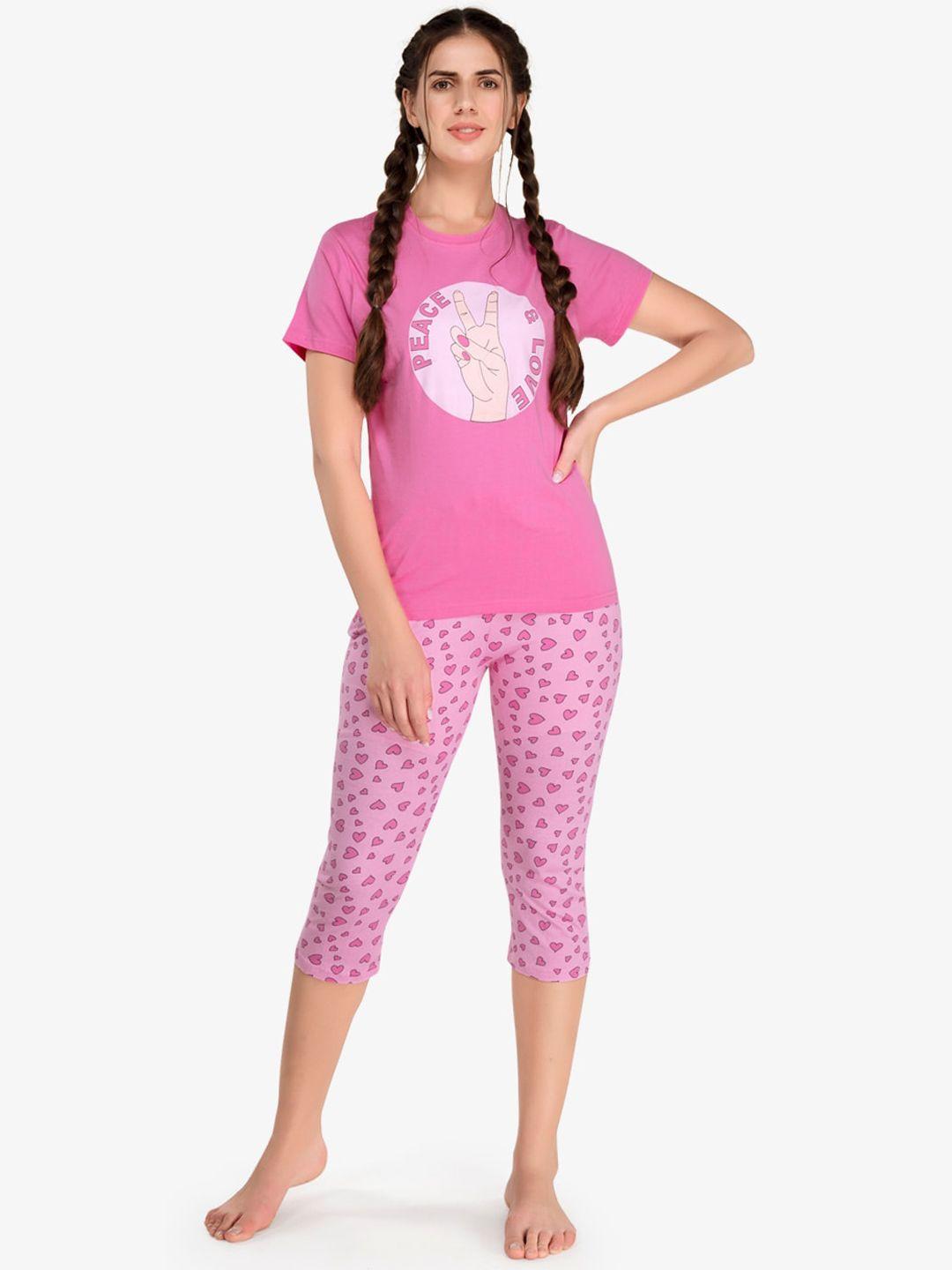evolove women pink printed pure cotton night suit