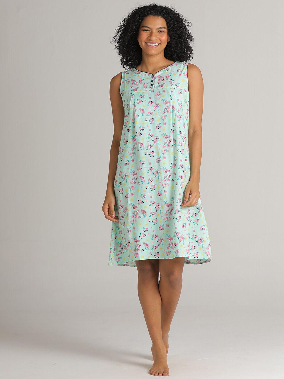 evolove sea green & pink floral printed nightdress