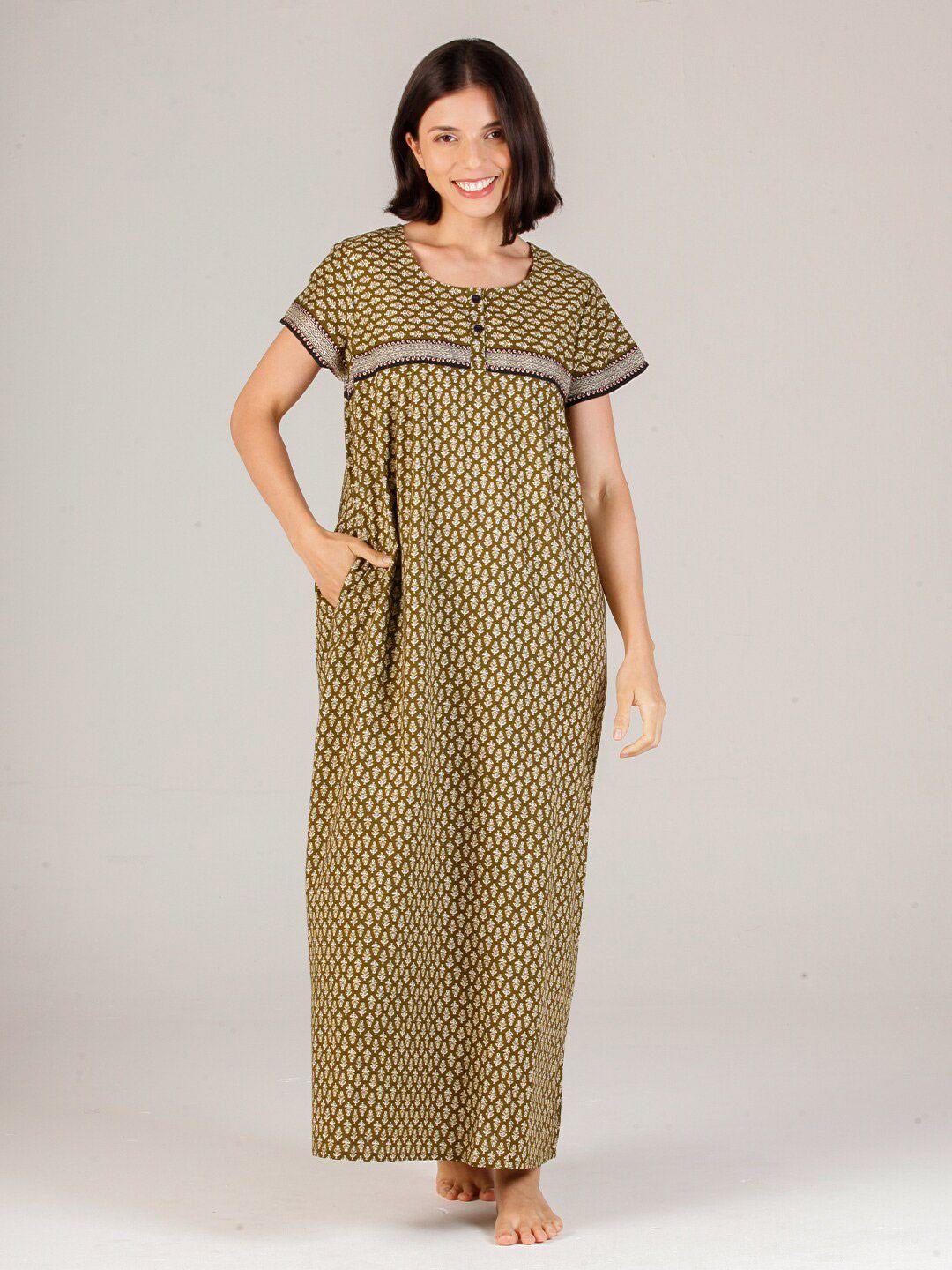 evolove women  olive green printed maxi nightdress