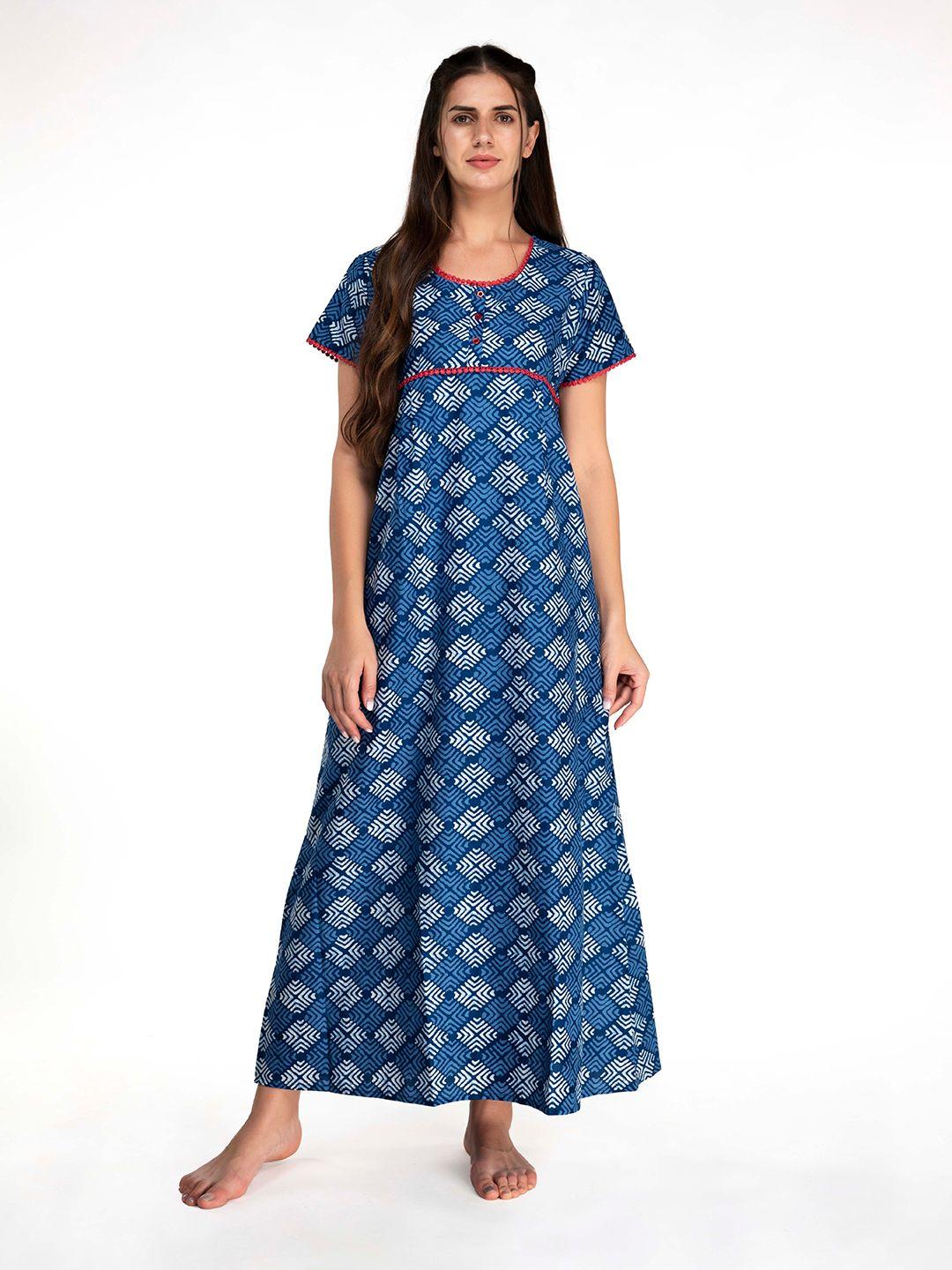 evolove women navy blue printed maxi nightdress