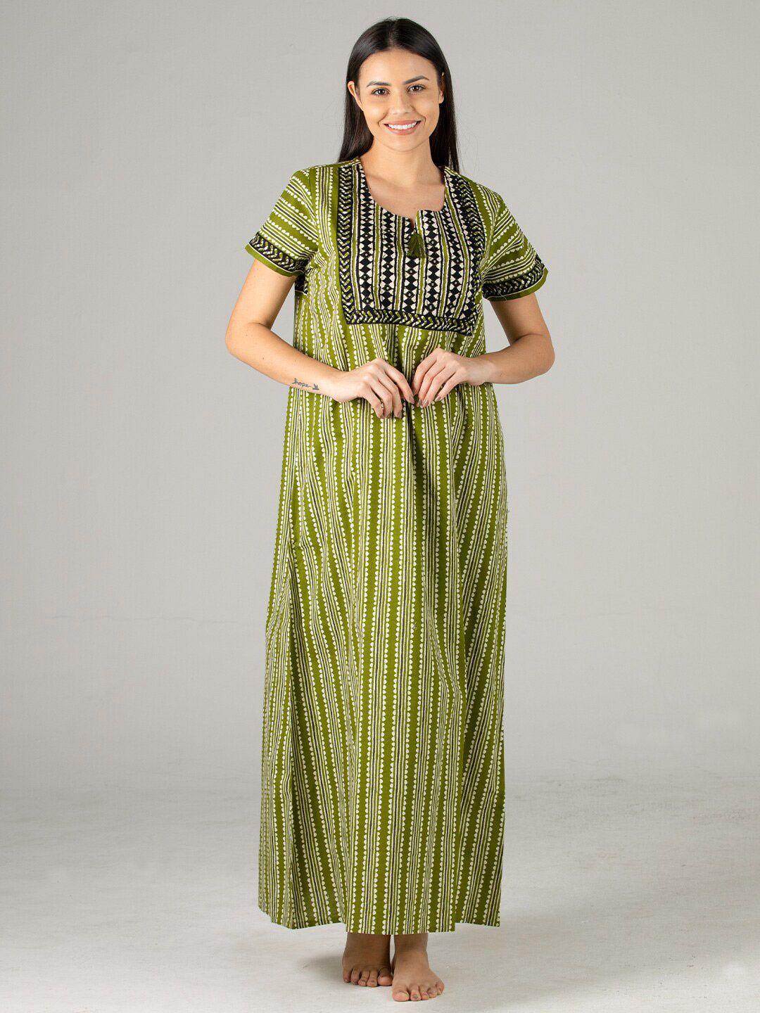 evolove women olive green printed cotton maxi nightdress