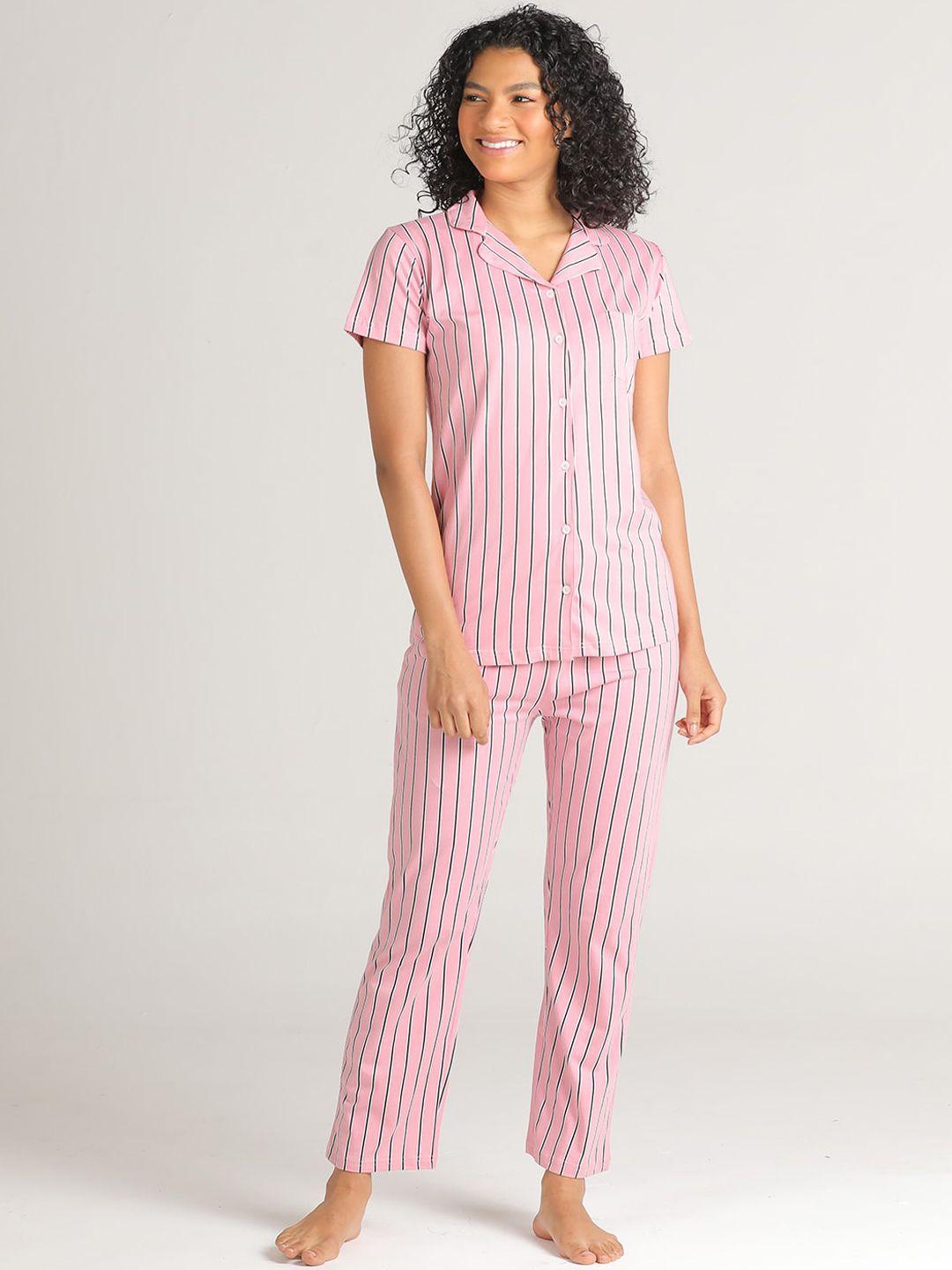 evolove women pink & black striped pure cotton night suit