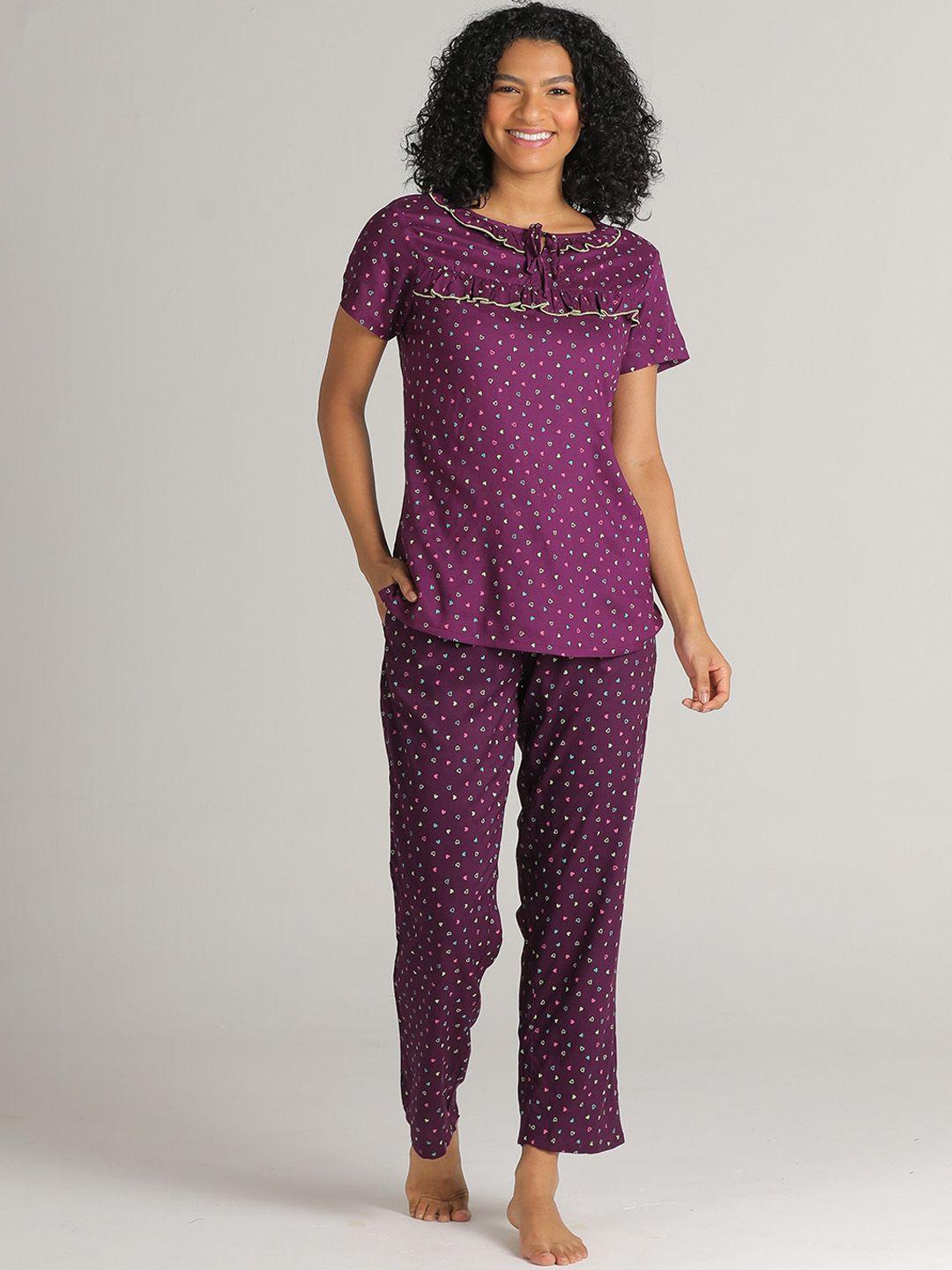 evolove women purple printed pure cotton night suit