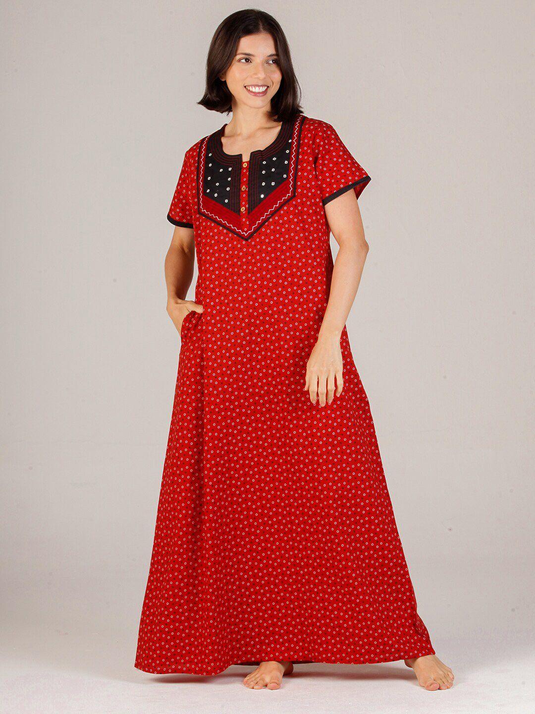 evolove women red pure cotton printed maxi nightdress