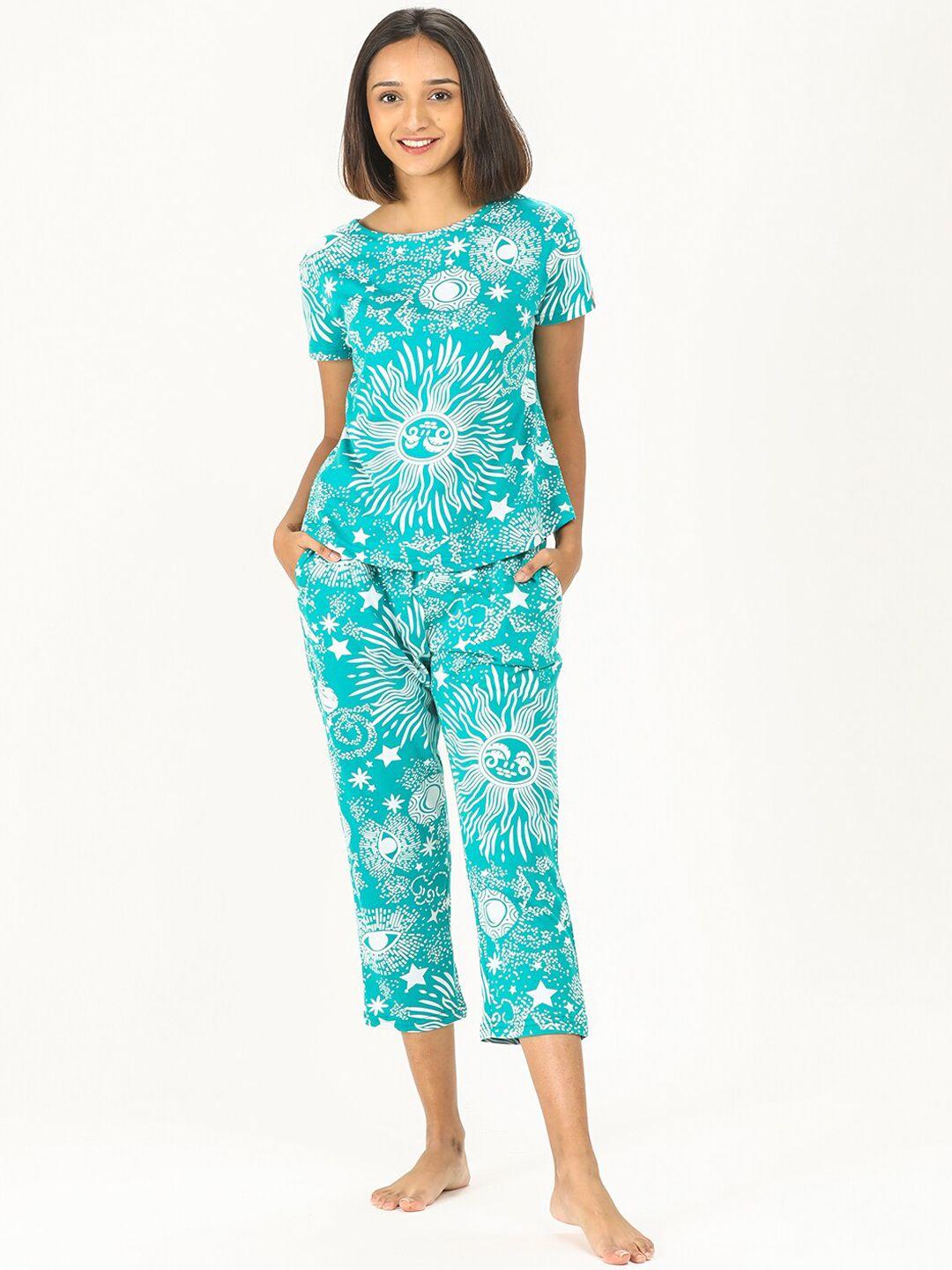 evolove women teal & white printed night suit