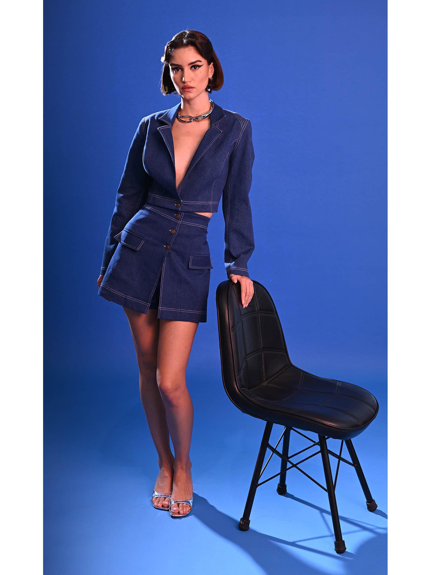 evra solid notched lapel full sleeves navy blue playsuit