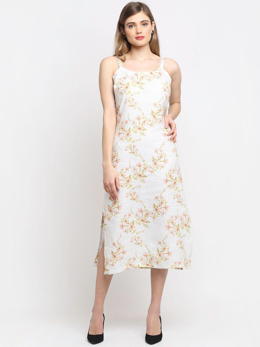 ewoke off white floral printed linen a-line midi dress