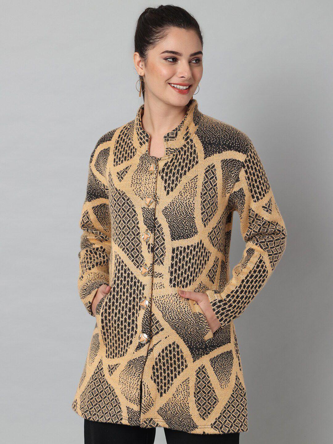 ewools geometric printed mandarin collar acrylic wool longline cardigan sweater