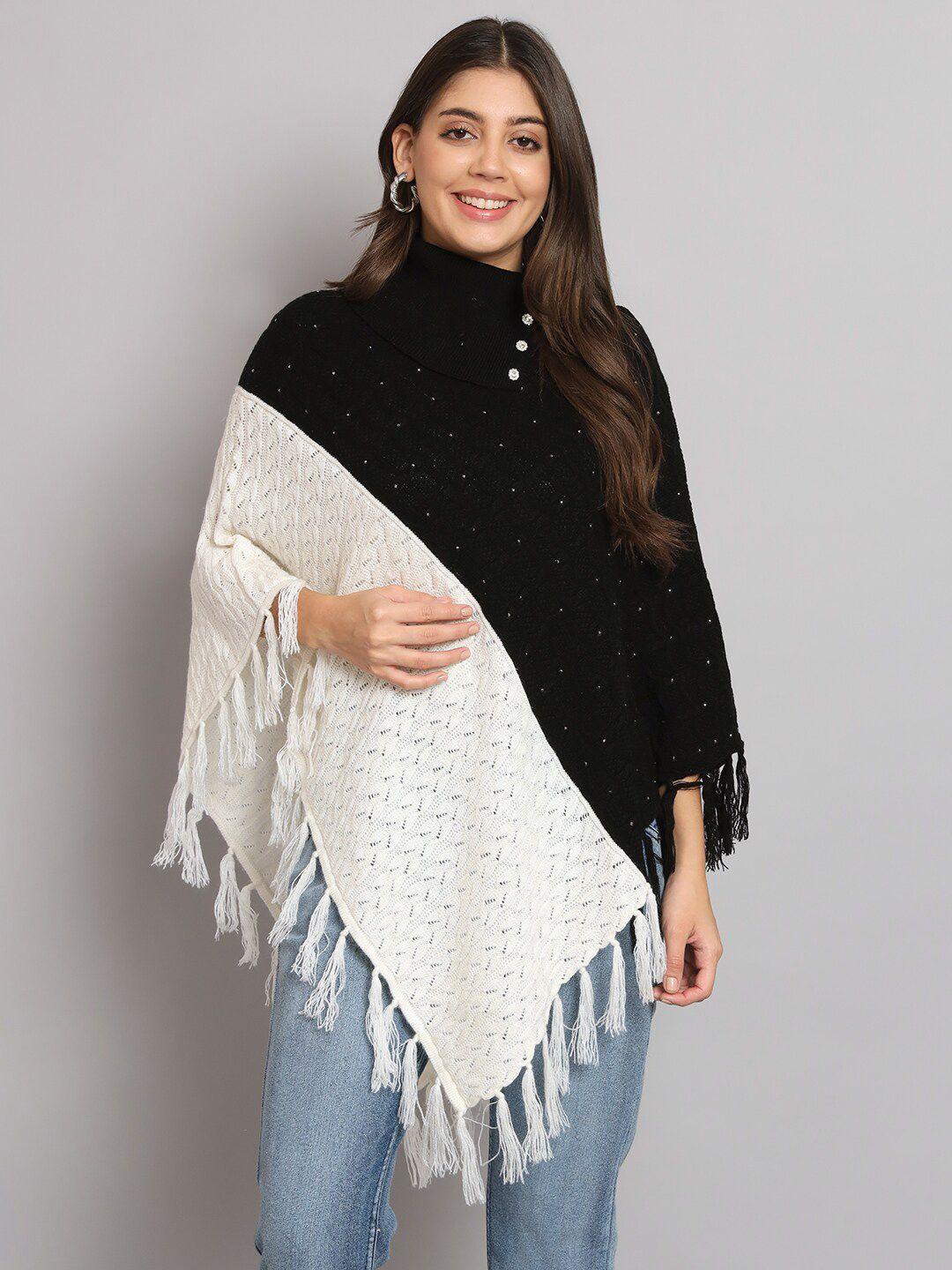 ewools colourblocked turtle neck pure wool tasseled embellished poncho