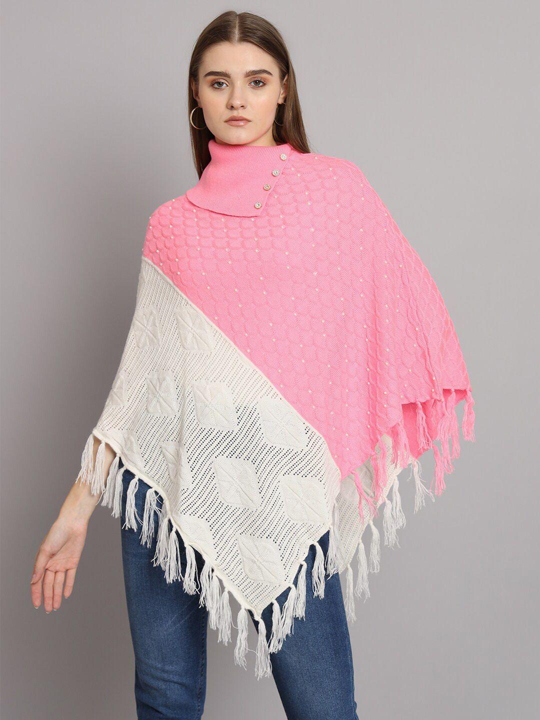 ewools colourblocked turtle neck pure wool tasseled embellished poncho