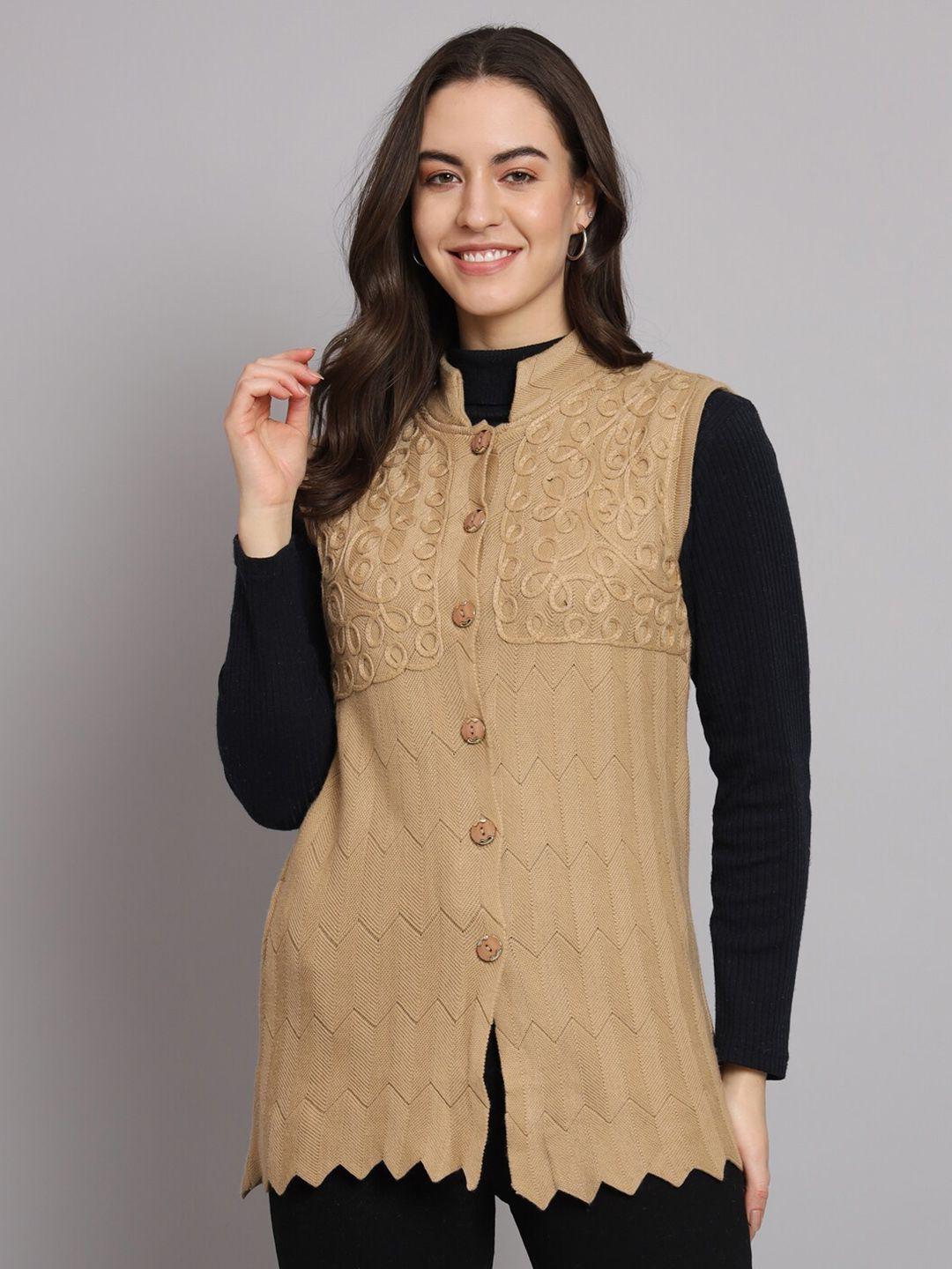 ewools embroidered mock collar sleeveless wool front-open sweaters