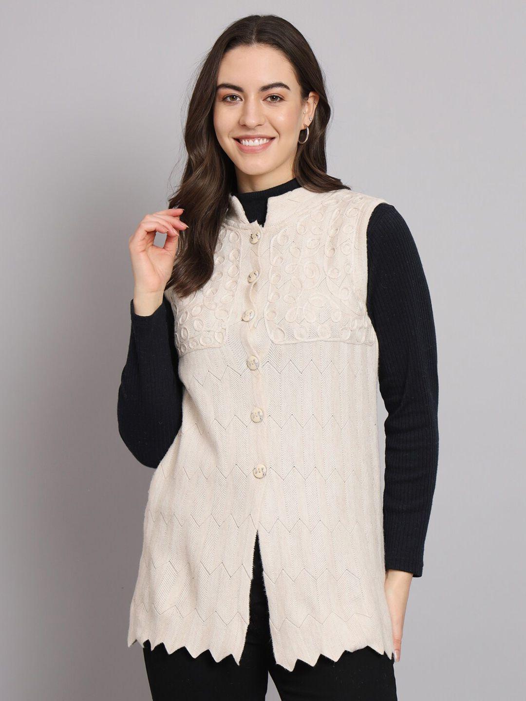 ewools embroidered woollen sleeveless front-open sweaters