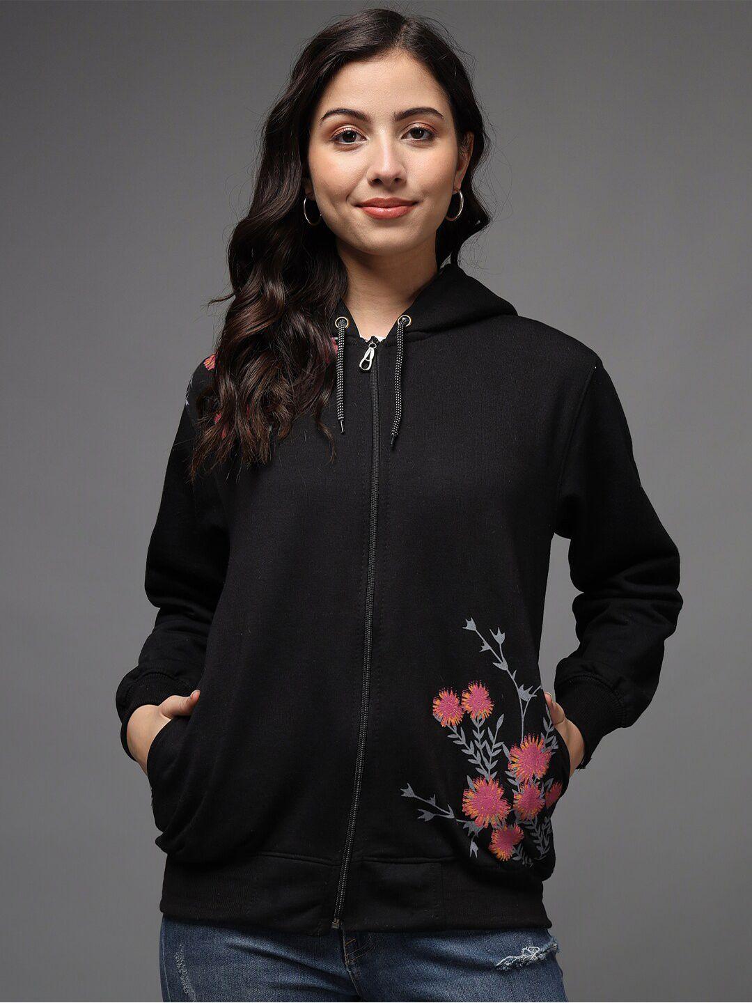 ewools floral printed hooded front open sweatshirt