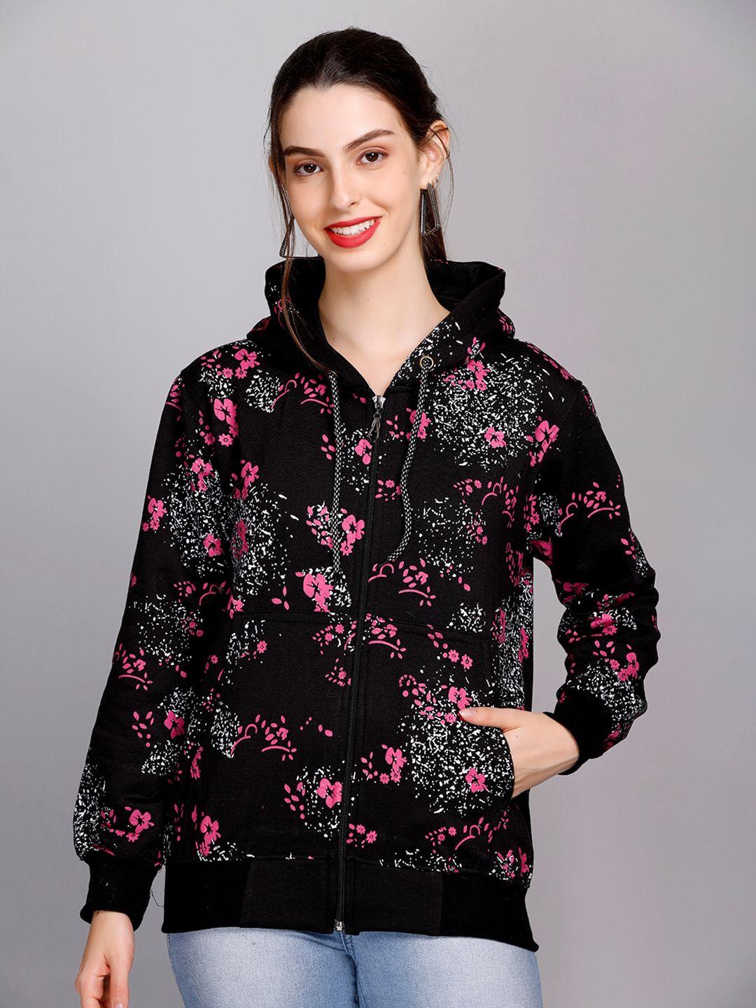 ewools floral printed hooded front-open sweatshirt