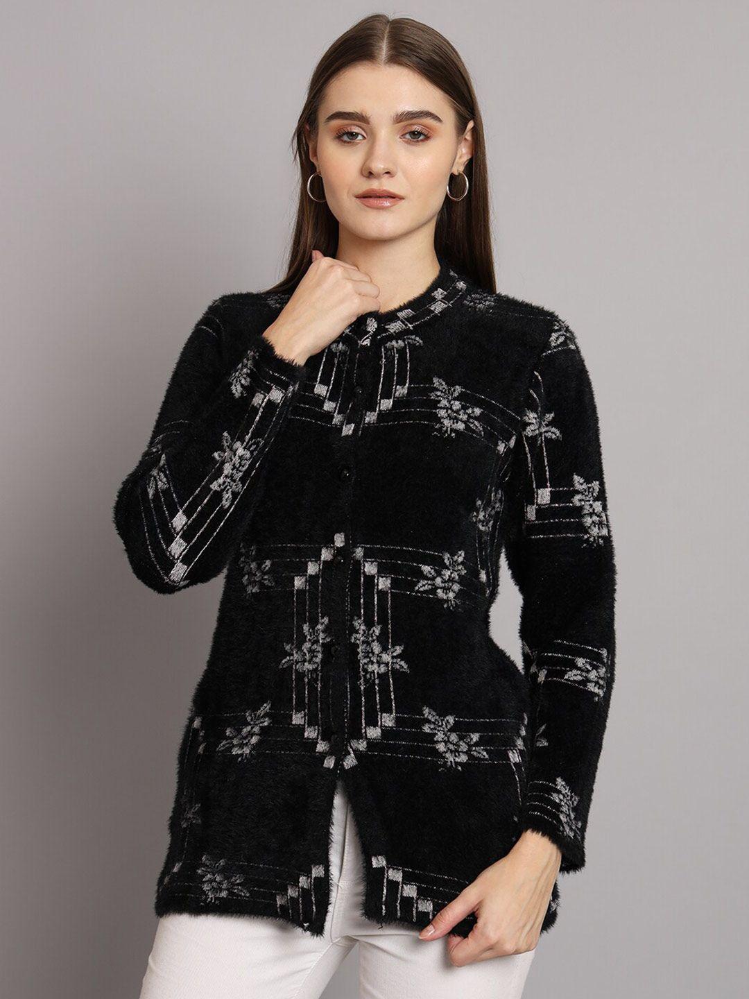 ewools floral printed round neck long sleeves woollen cardigan sweater