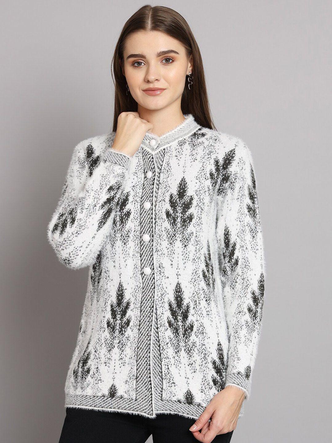 ewools floral printed round neck long sleeves woollen cardigan sweater