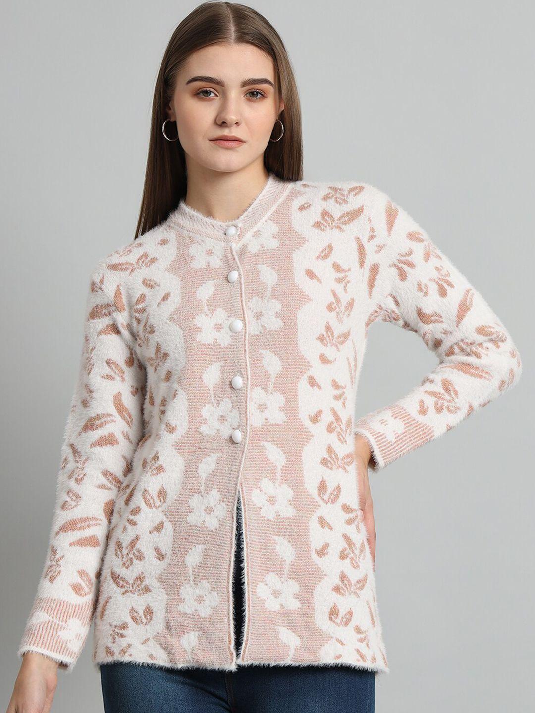 ewools floral self design acrylic woollen longline cardigan