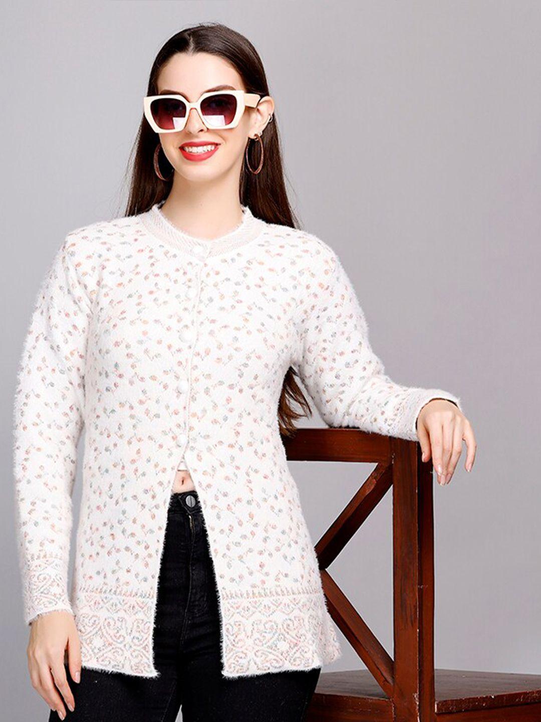 ewools floral self design acrylic woollen longline cardigan