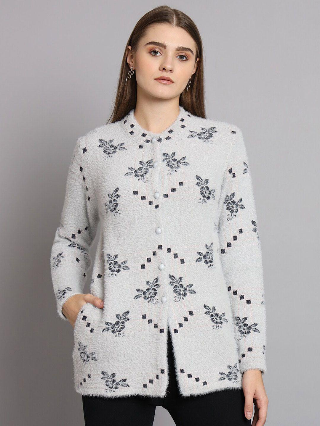 ewools floral self design pure woollen cardigan
