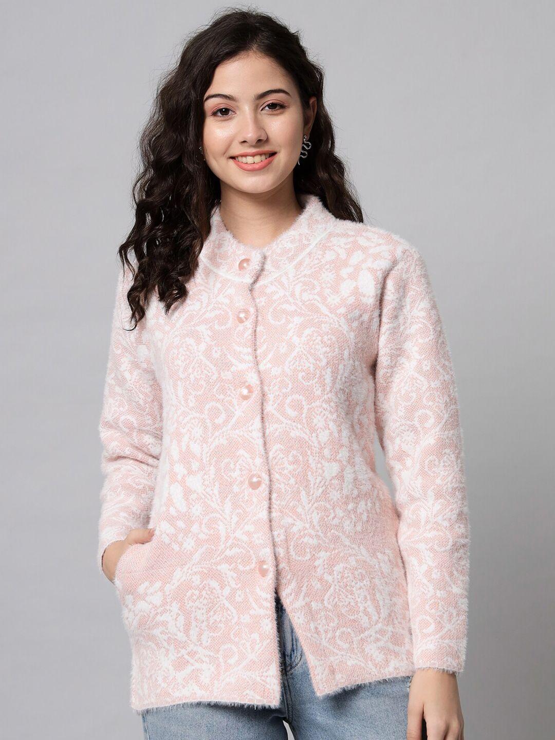 ewools floral self design pure woollen cardigan