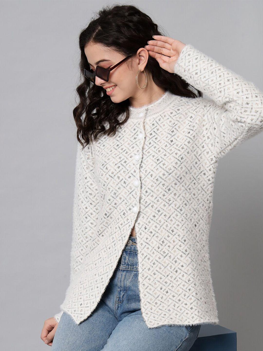 ewools geometric printed round neck woollen cardigan