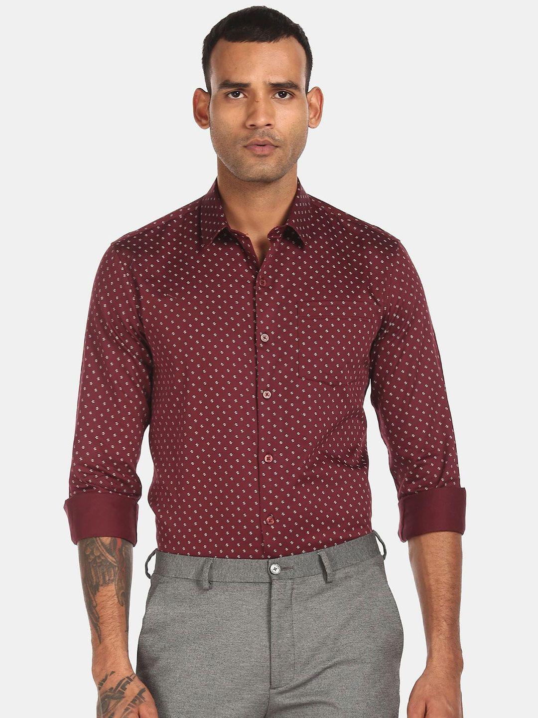 excalibur men maroon printed pure cotton formal shirt
