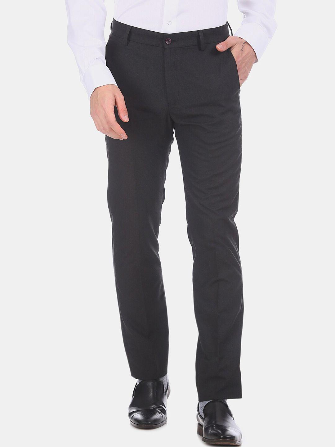 excalibur men black regular fit solid formal trousers