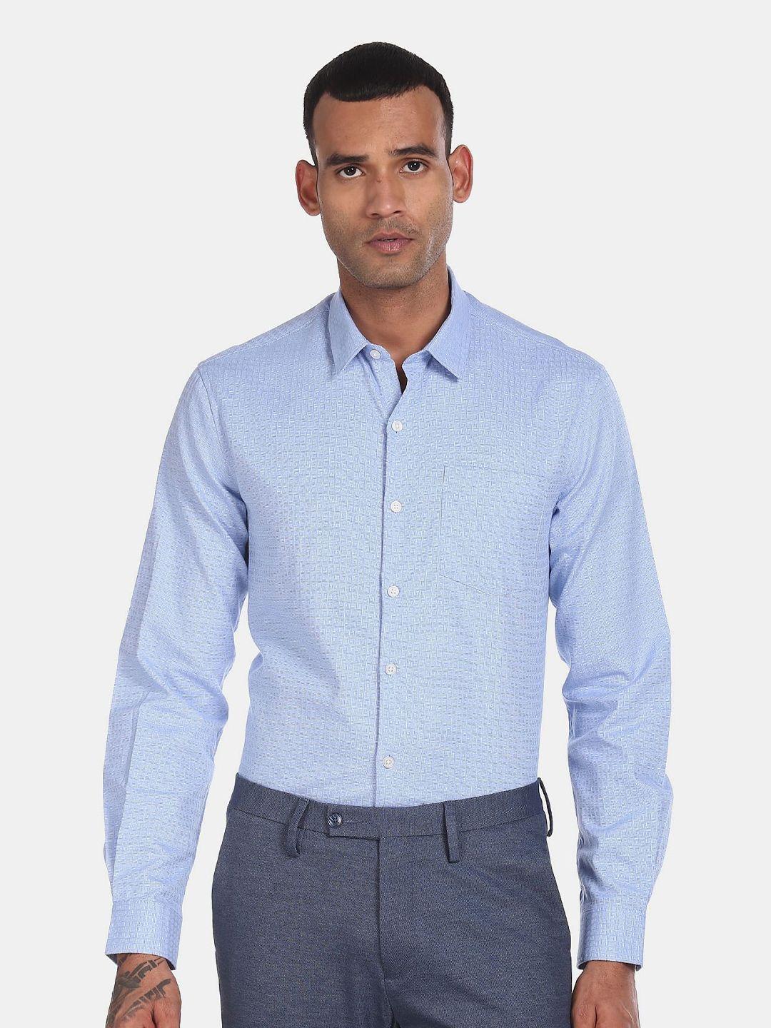 excalibur men blue cotton self design formal shirt