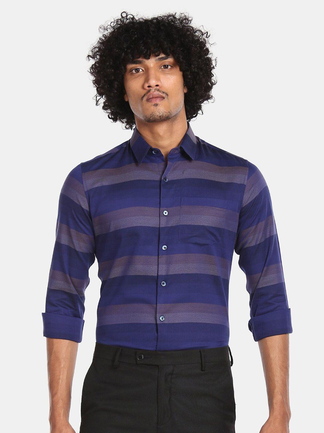 excalibur men blue horizontal stripes opaque striped casual shirt