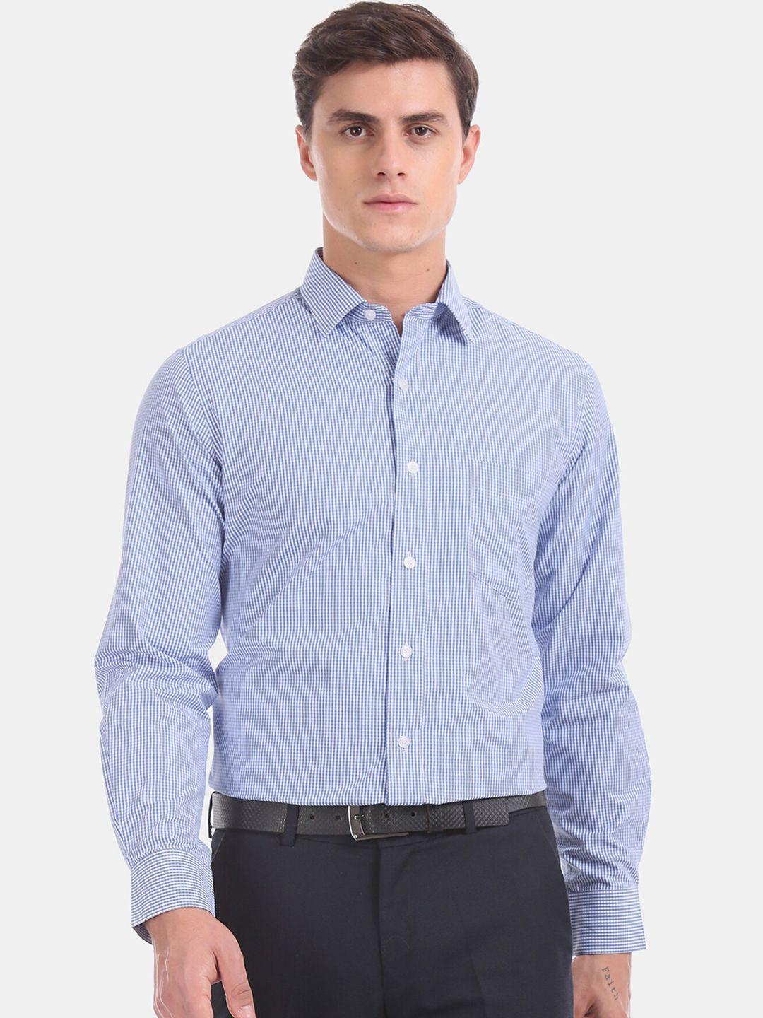 excalibur men blue micro checked formal shirt