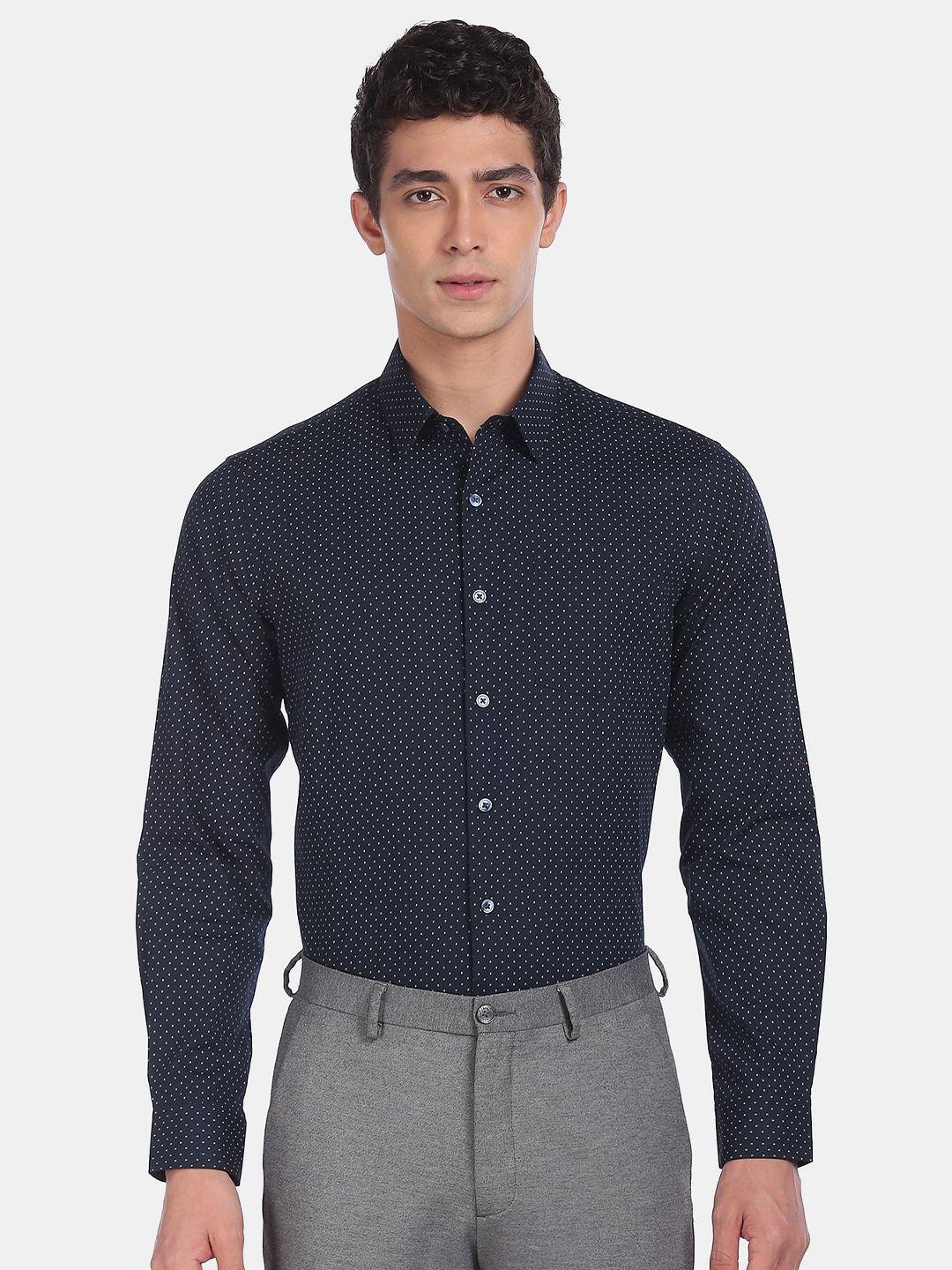 excalibur men navy blue printed cotton formal shirt
