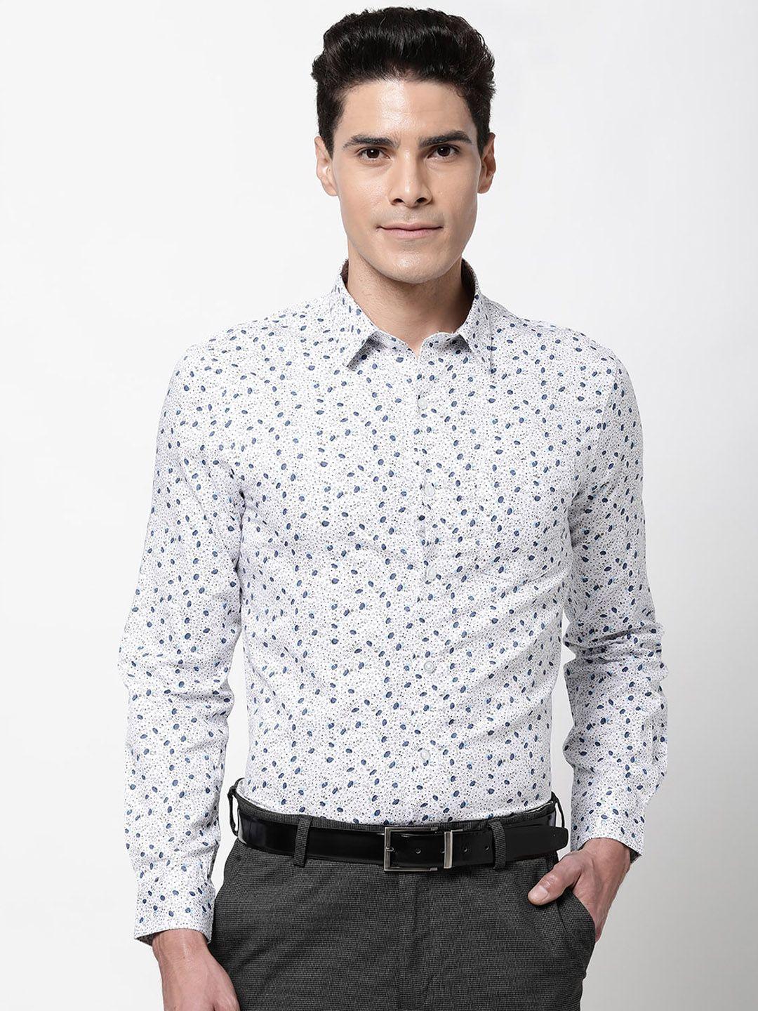 excalibur men white & blue printed cotton formal shirt