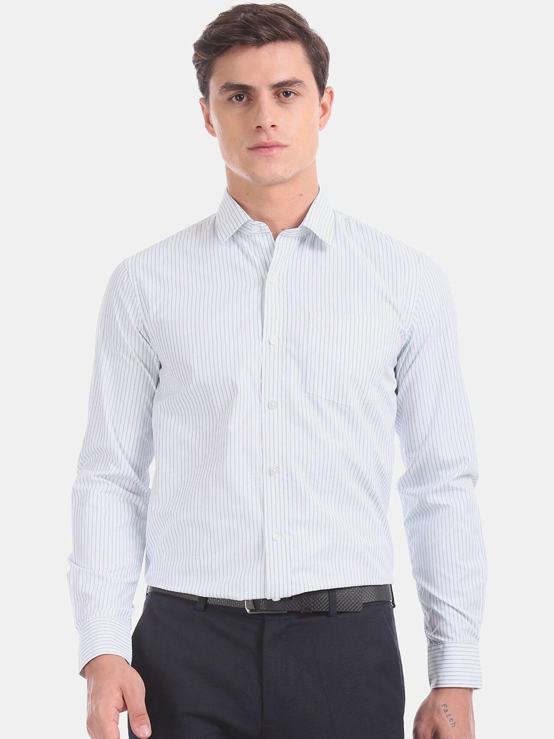 excalibur men white & blue slim fit striped formal shirt