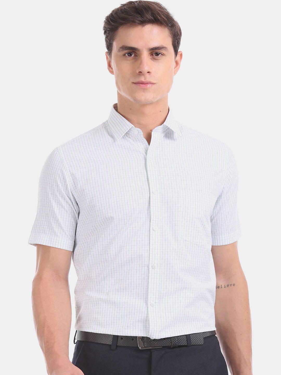 excalibur men white micro checked formal shirt