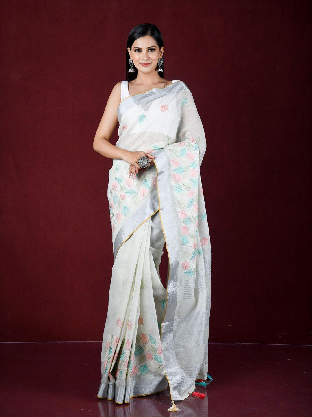 exclusiva off white & pink floral zari pure linen saree