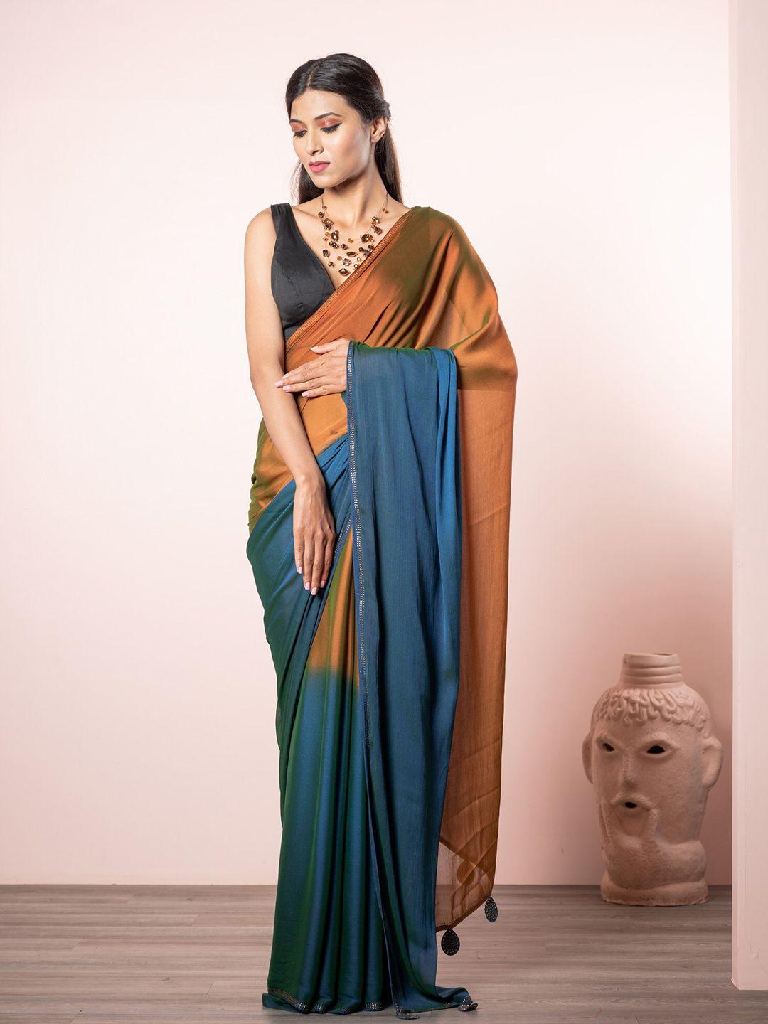 exclusiva women blue & brown ombre poly chiffon saree