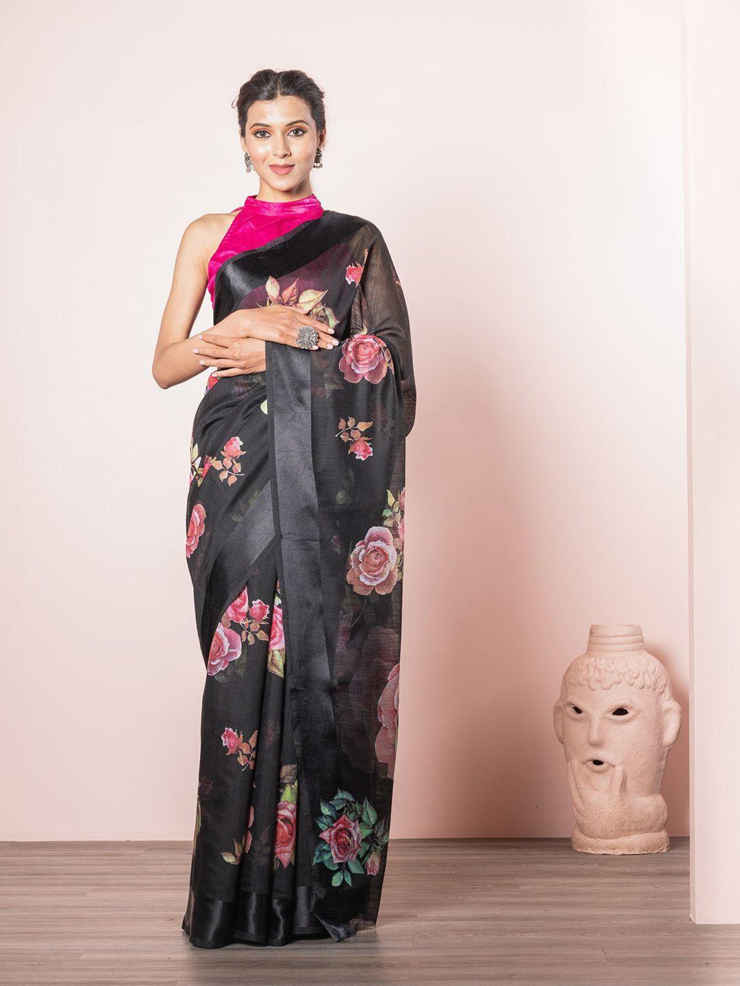 exclusiva black & pink floral linen blend saree