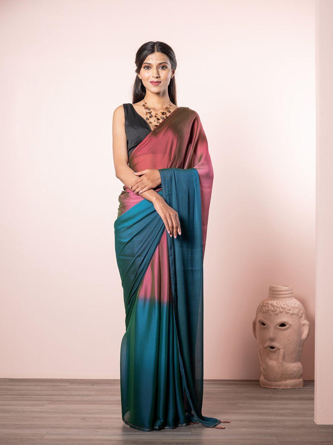 exclusiva blue & peach-coloured colourblocked chiffon saree