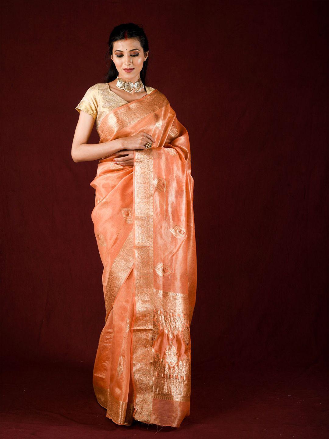 exclusiva orange & gold-toned ethnic motifs zari tissue saree