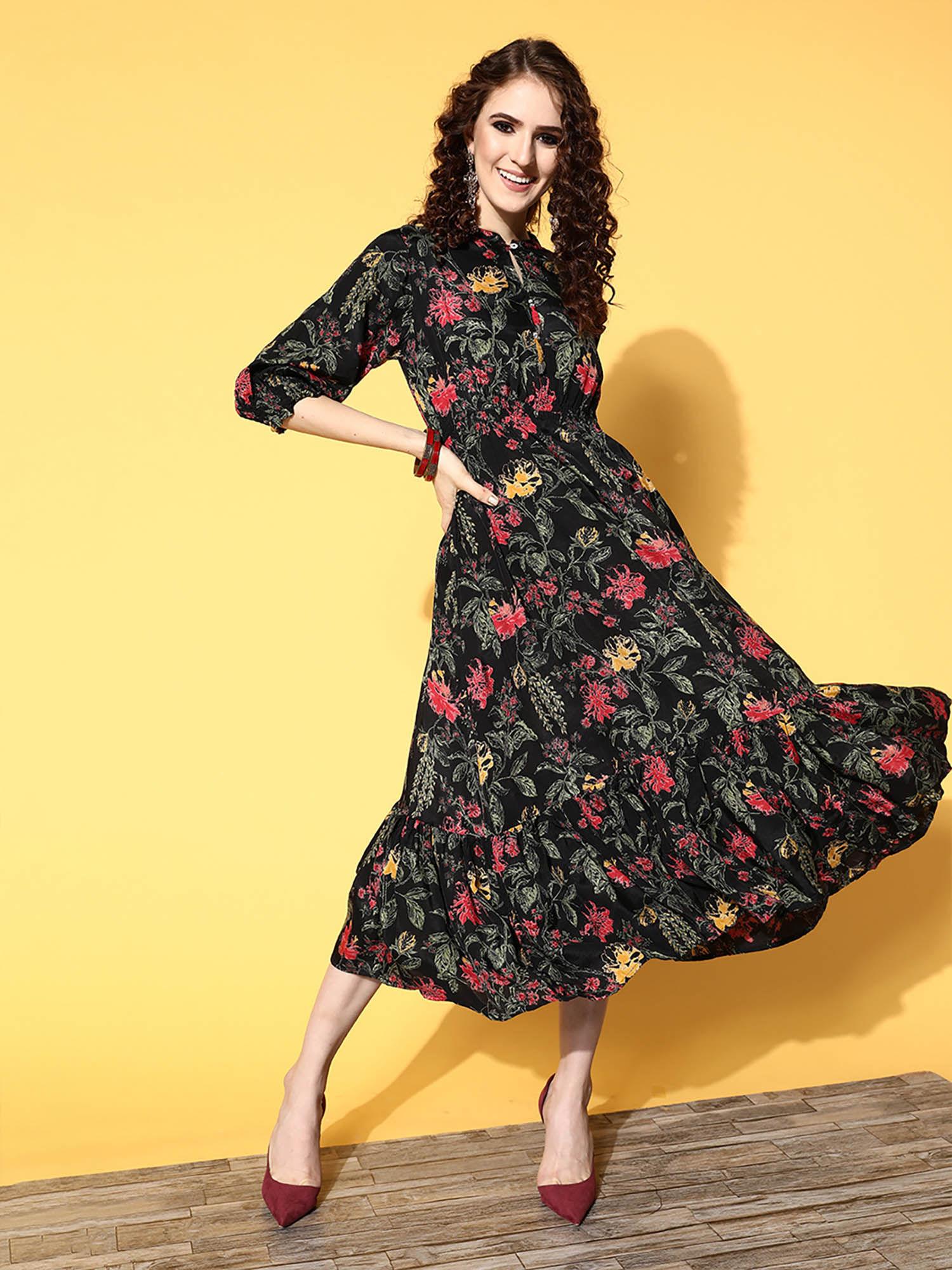 exclusive all over floral printed flared black silk dress