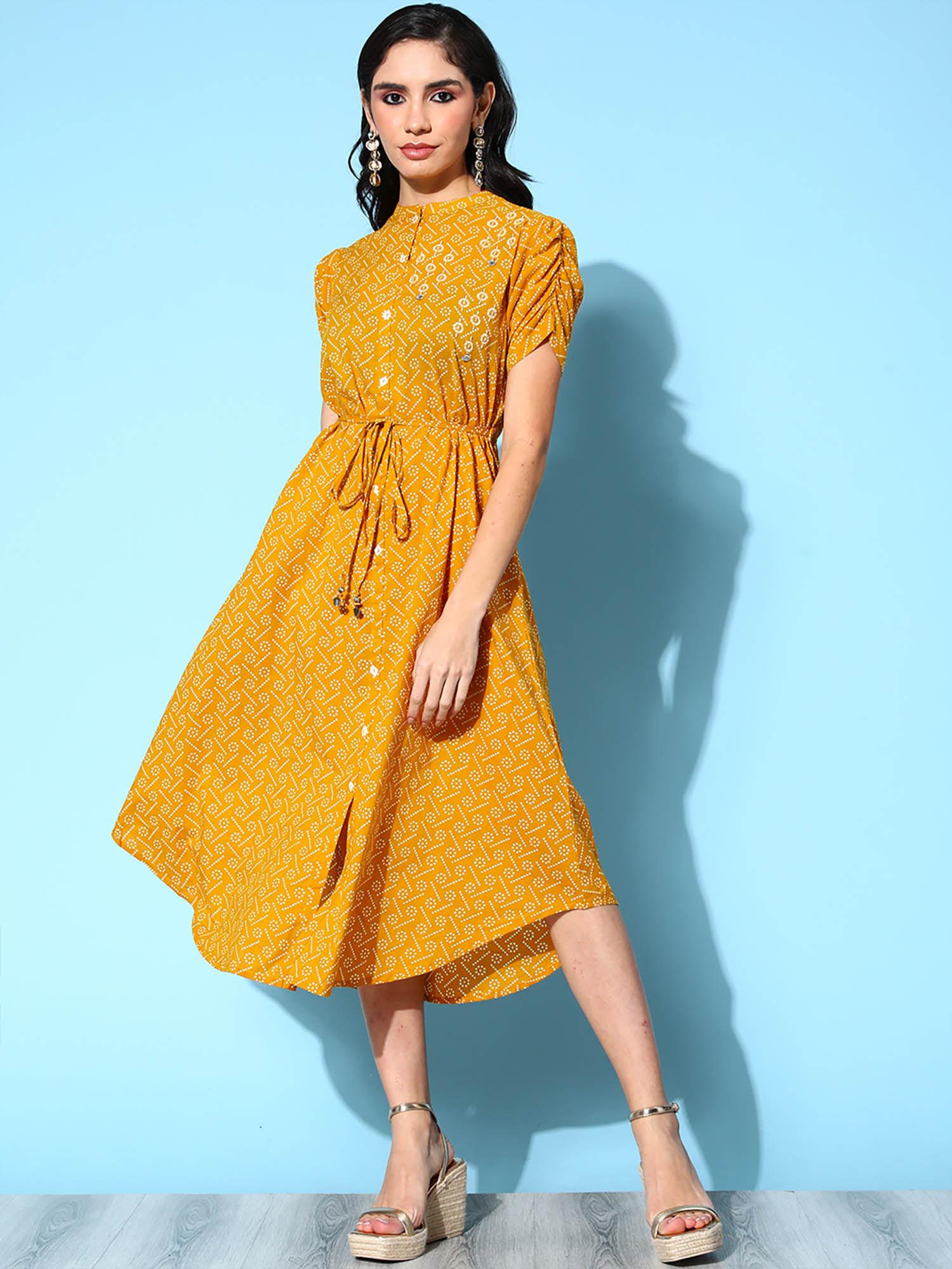 exclusive bandhani printed mustard cotton dress