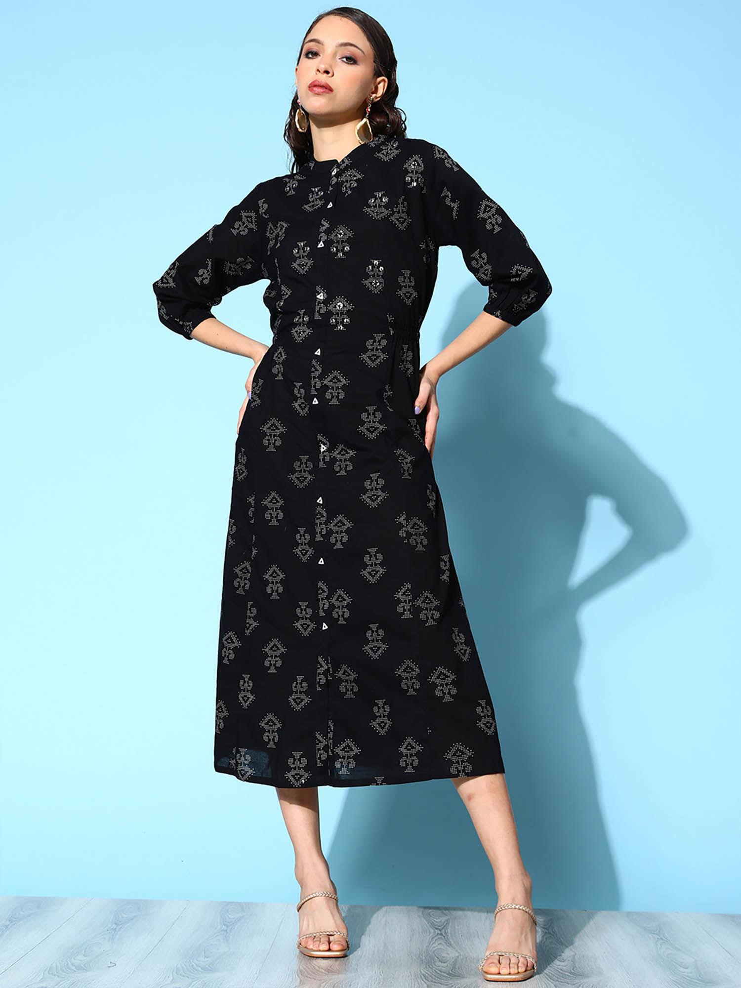 exclusive block printed flared black cotton dress