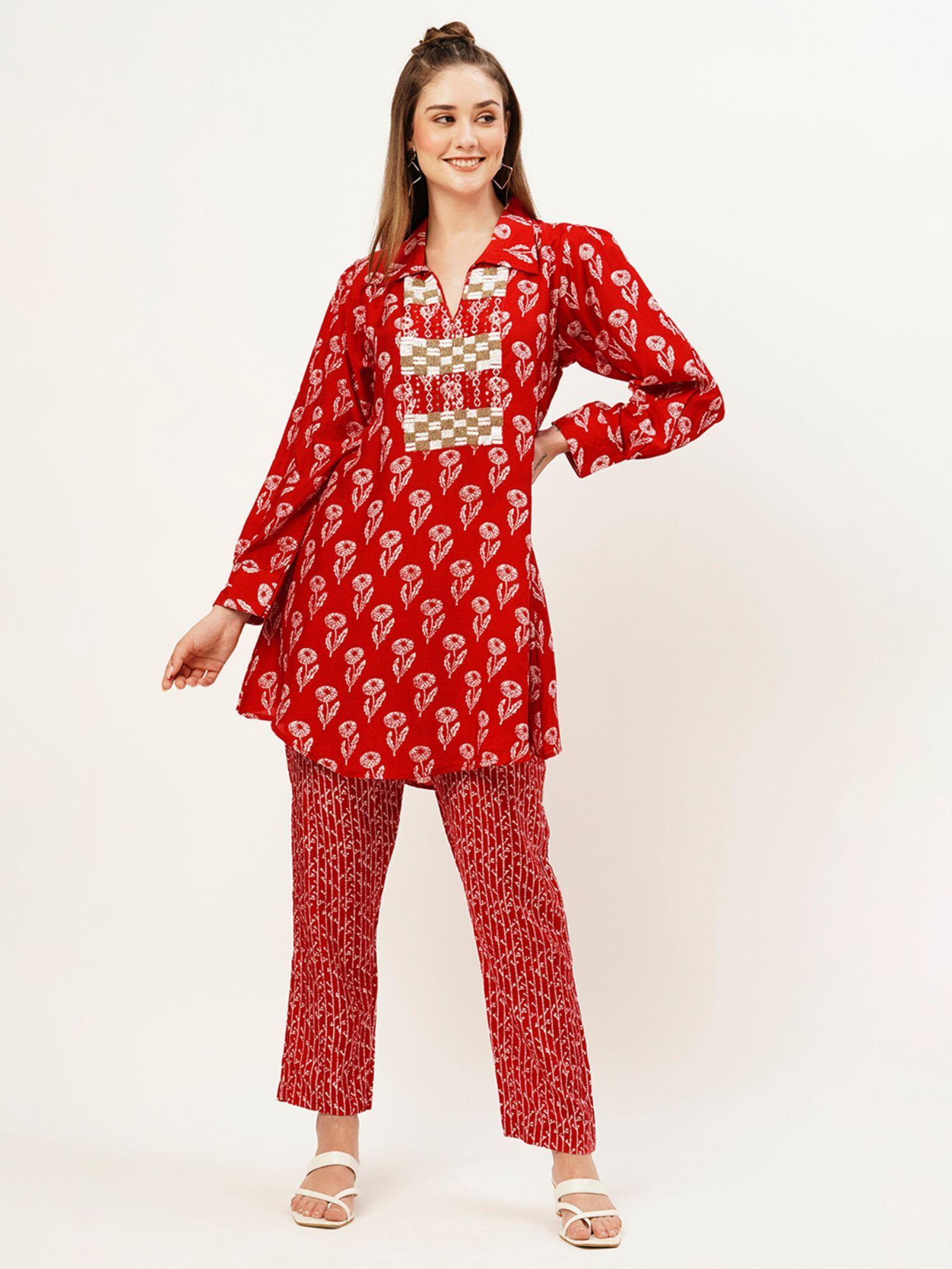 exclusive collar neck muslin printed red flared co-ord (set of 2)