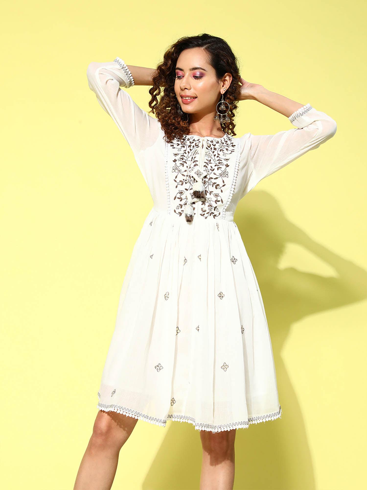 exclusive cotton embroidered white flared dress