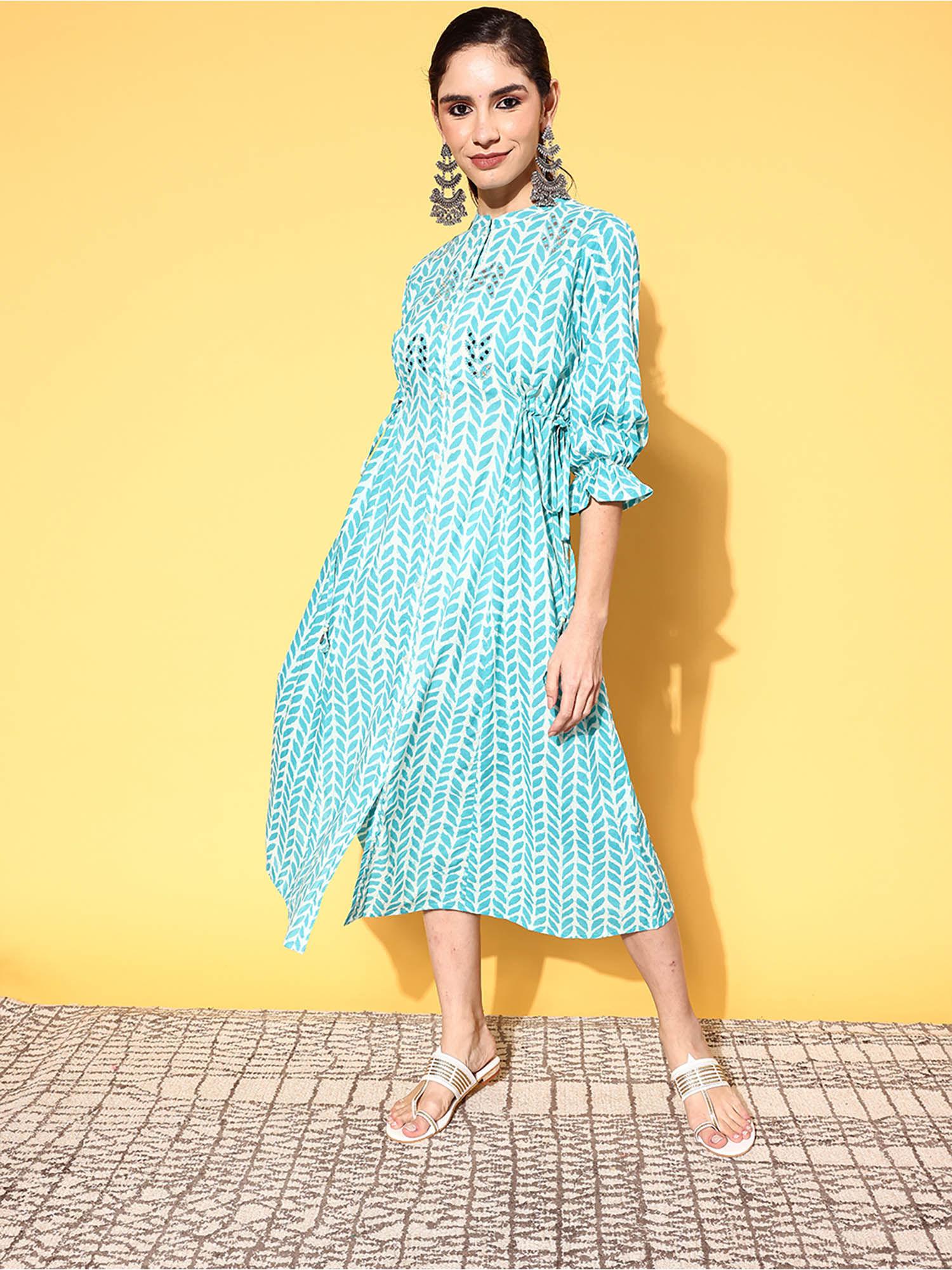 exclusive dabu printed flared aqua cotton dress