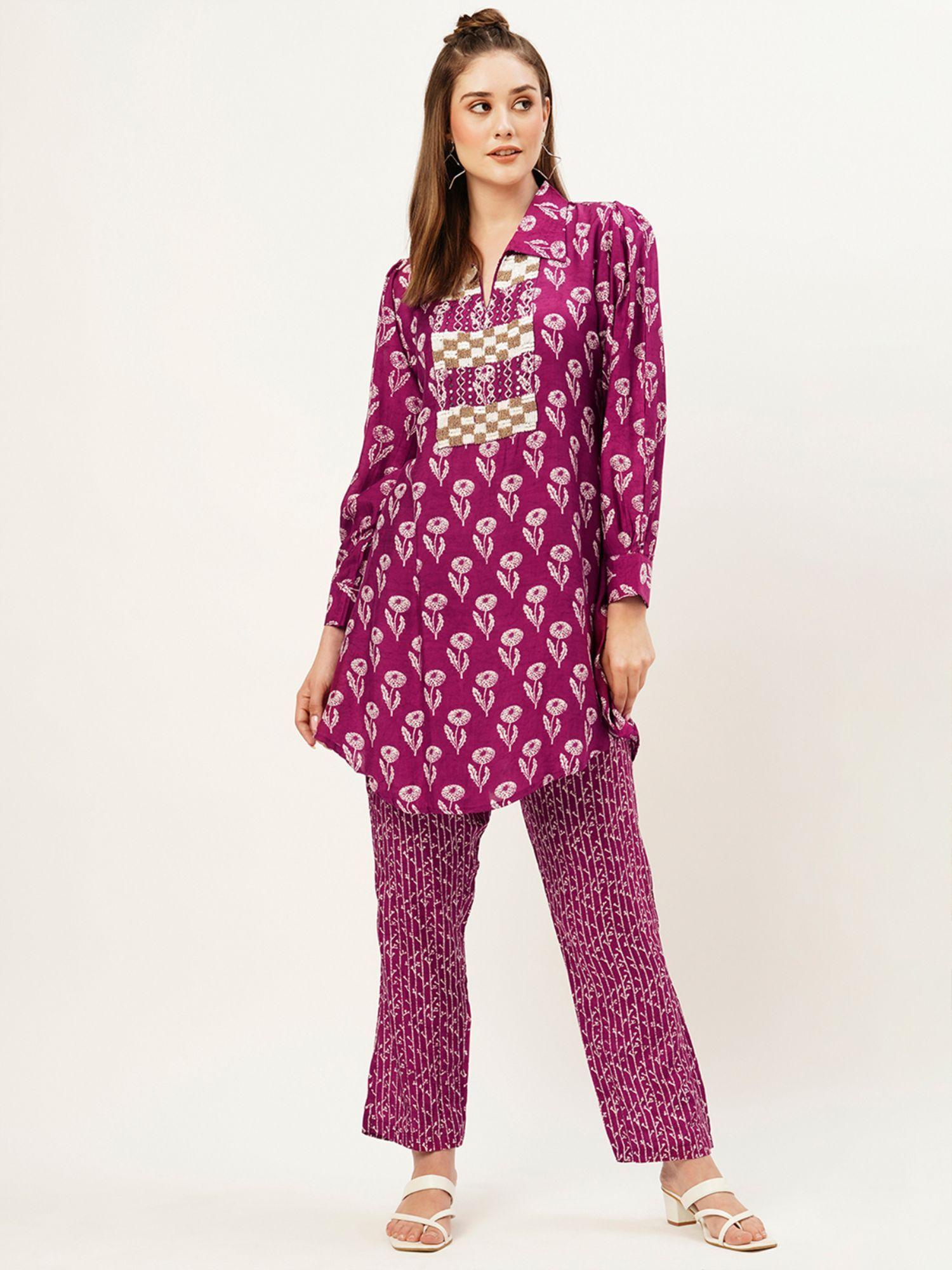 exclusive muslin printed purple flared co-ord (set of 2)