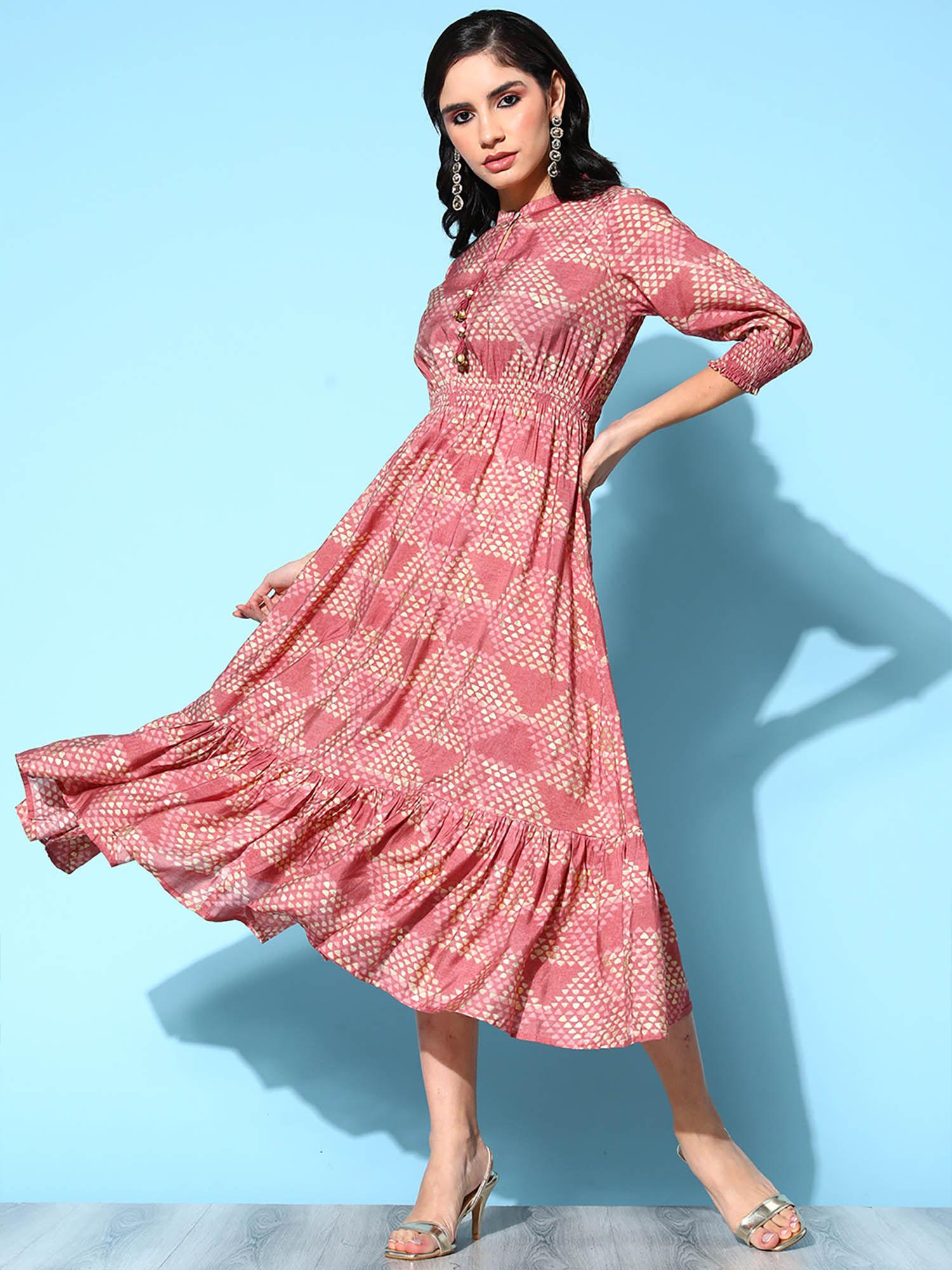 exclusive printed peach color flared dress