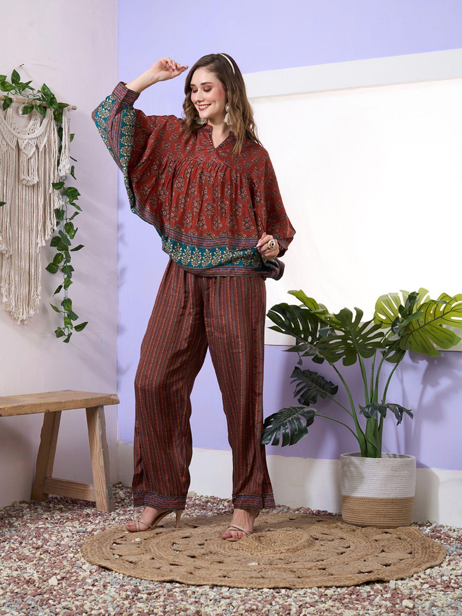 exclusive rust cotton printed loose fit palazzo (set of 2)