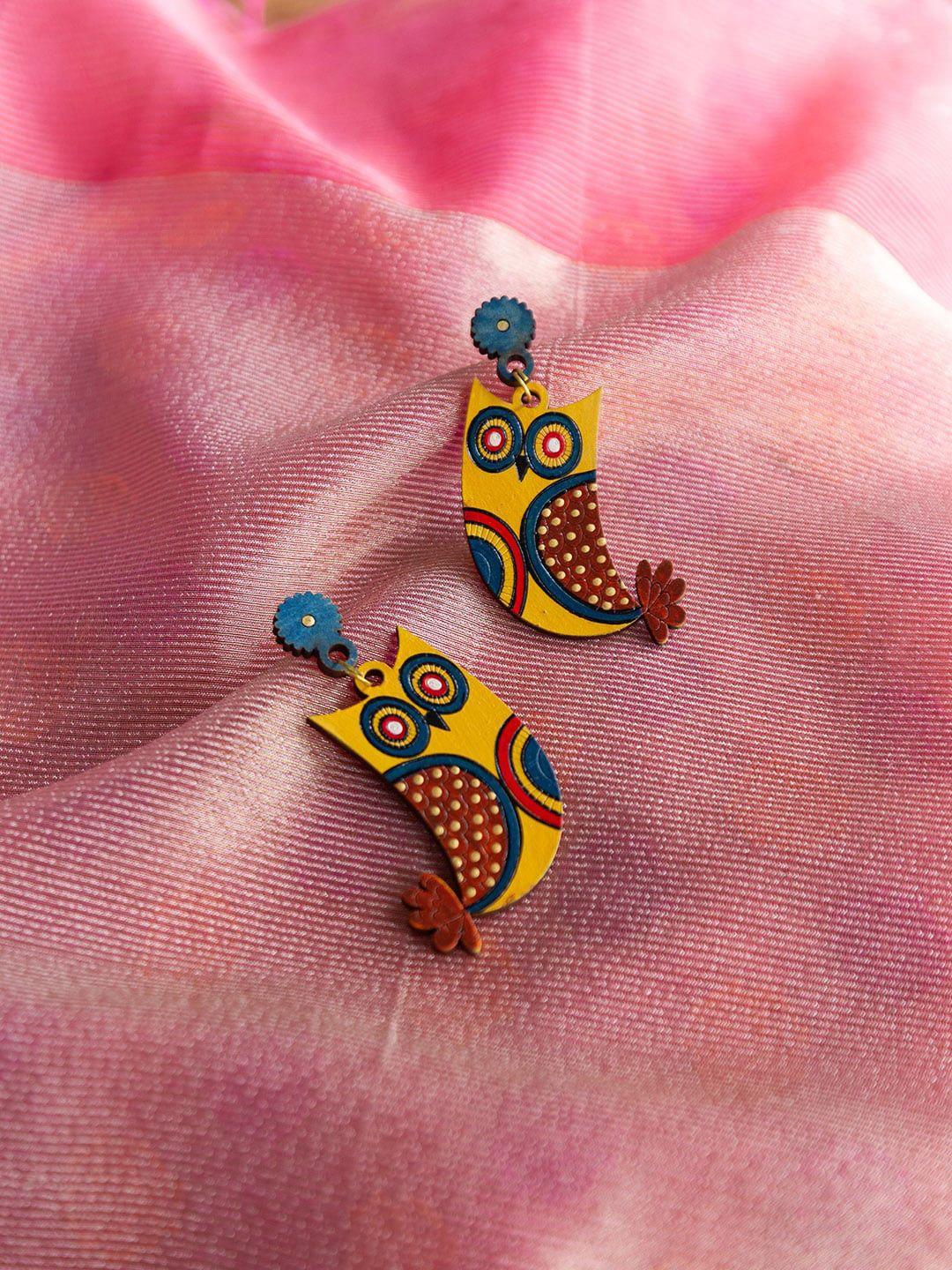 exclusivelane yellow symphony of owls bohemian handpainted wooden earrings